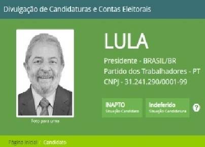 Site do TSE já mostra candidatura de Lula como indeferida