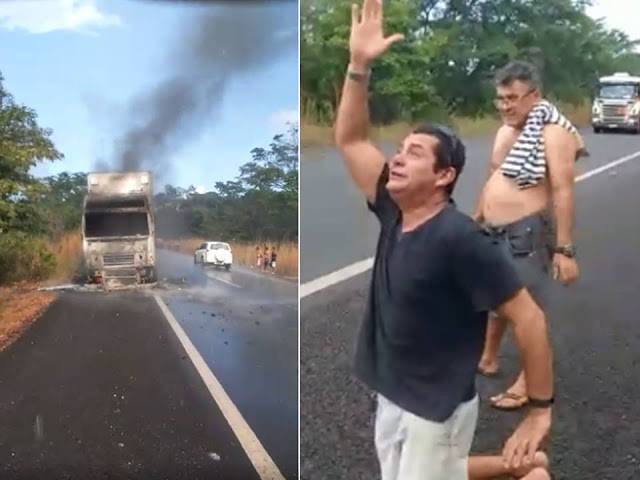 Caminhoneiro ver seu caminhão pegando fogo, clama a Deus por chuva e ela cai; veja o vídeo