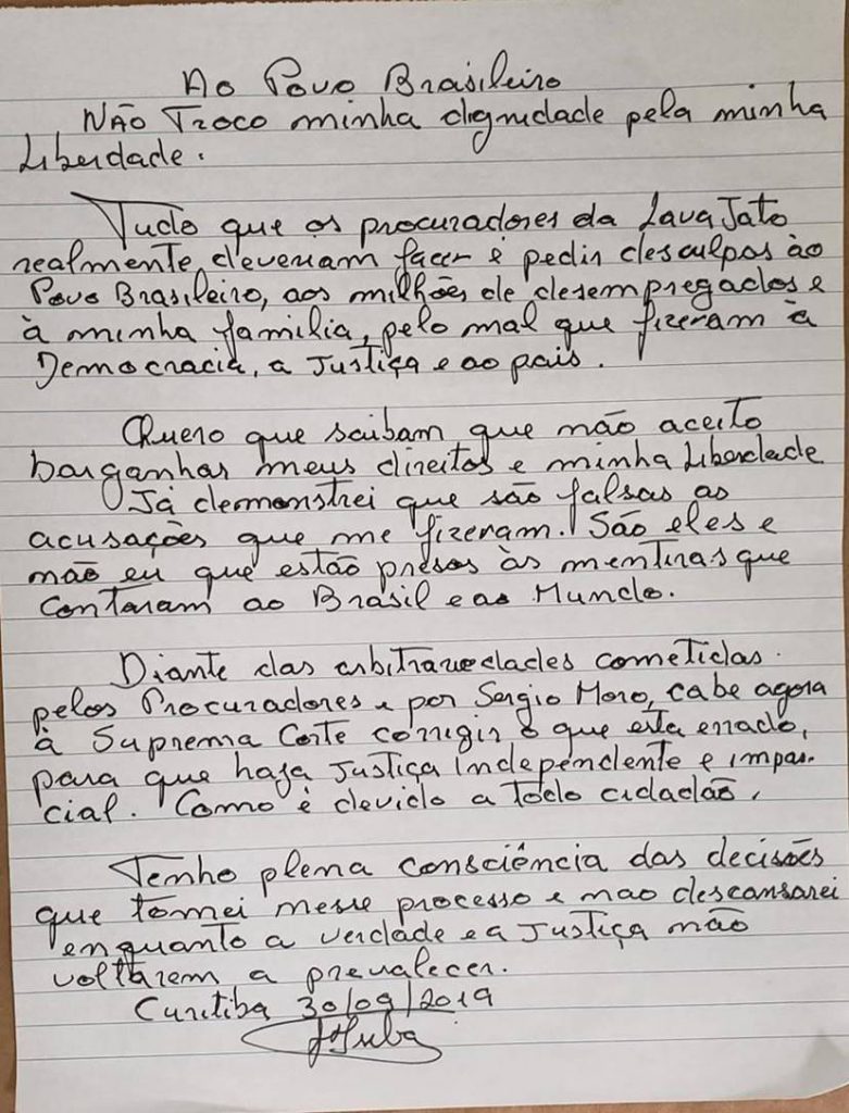 Veja a carta escrita por Lula “ao povo brasileiro”