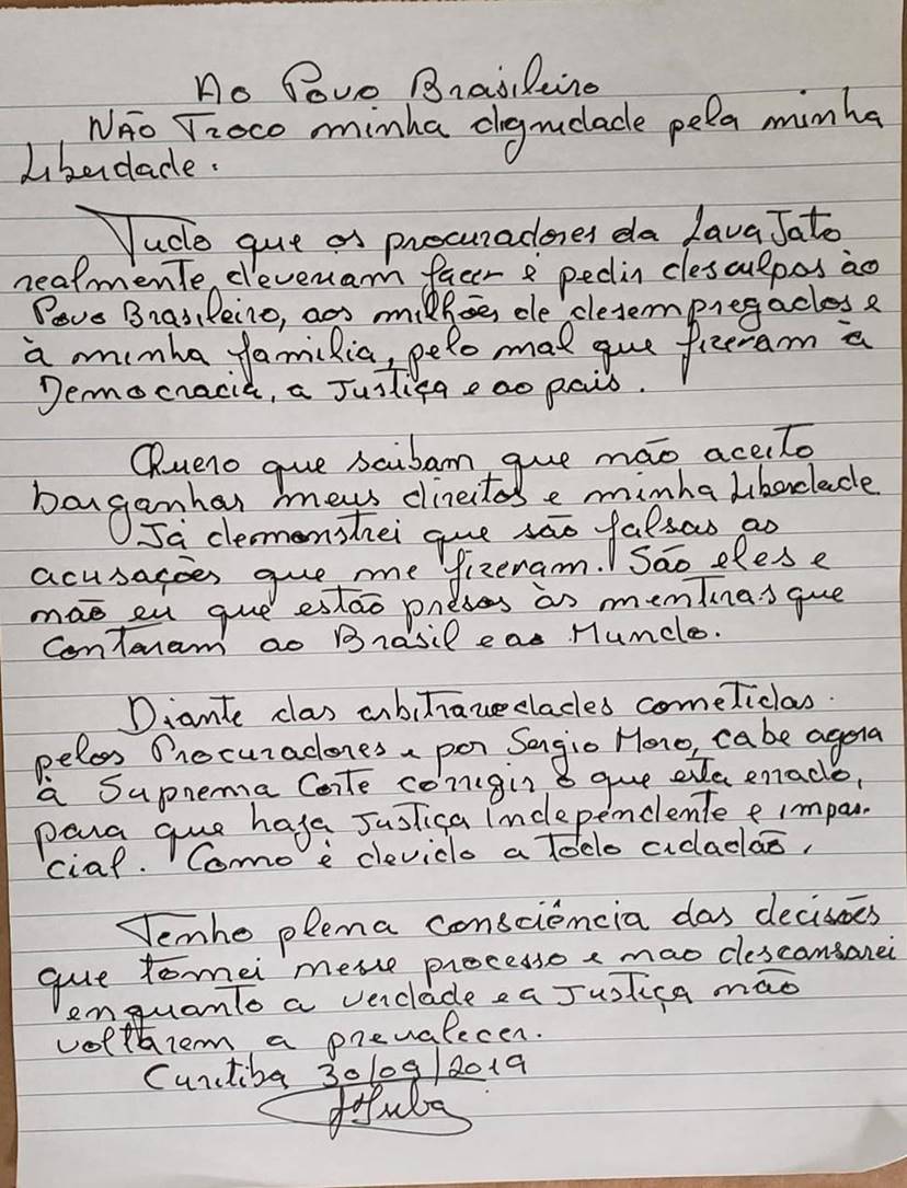 Veja a carta escrita por Lula 