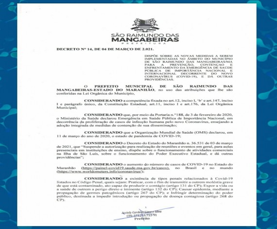 Prefeitura de Mangabeiras decreta novas medidas para prevenção, contenção e enfrentamento da COVID 19