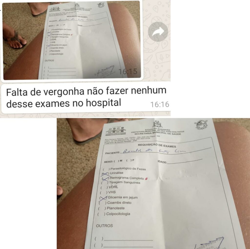 Moradores de São João dos Patos reclamam da falta de exames laboratoriais na gestão de Dr. Alexandre