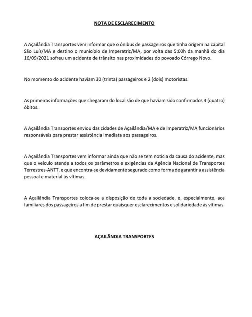 Em nota, Açailândia Transportes confirma mortes após ônibus cair em abismo com 32 ocupantes