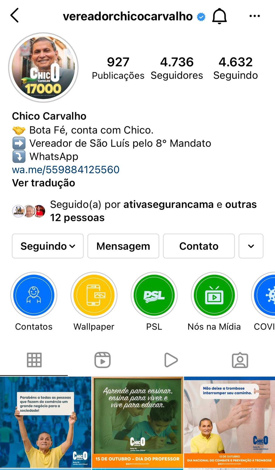 Vereador Chico Carvalho tem conta hackeada no Instagram e criminosos pedem dinheiro