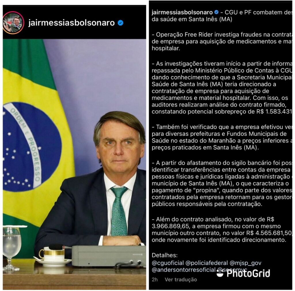 Bolsonaro repercute operação da PF contra desvio milionário na Prefeitura de Santa Inês