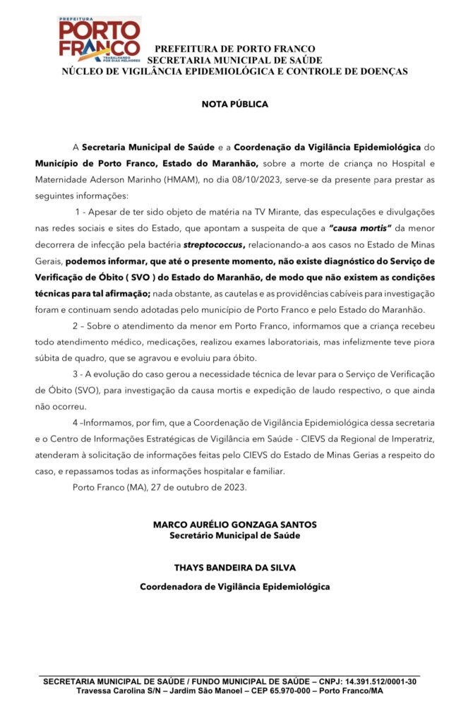 Secretaria de Saúde de Porto Franco emite nota sobre caso investigado da morte de criança envolvendo possível bactéria