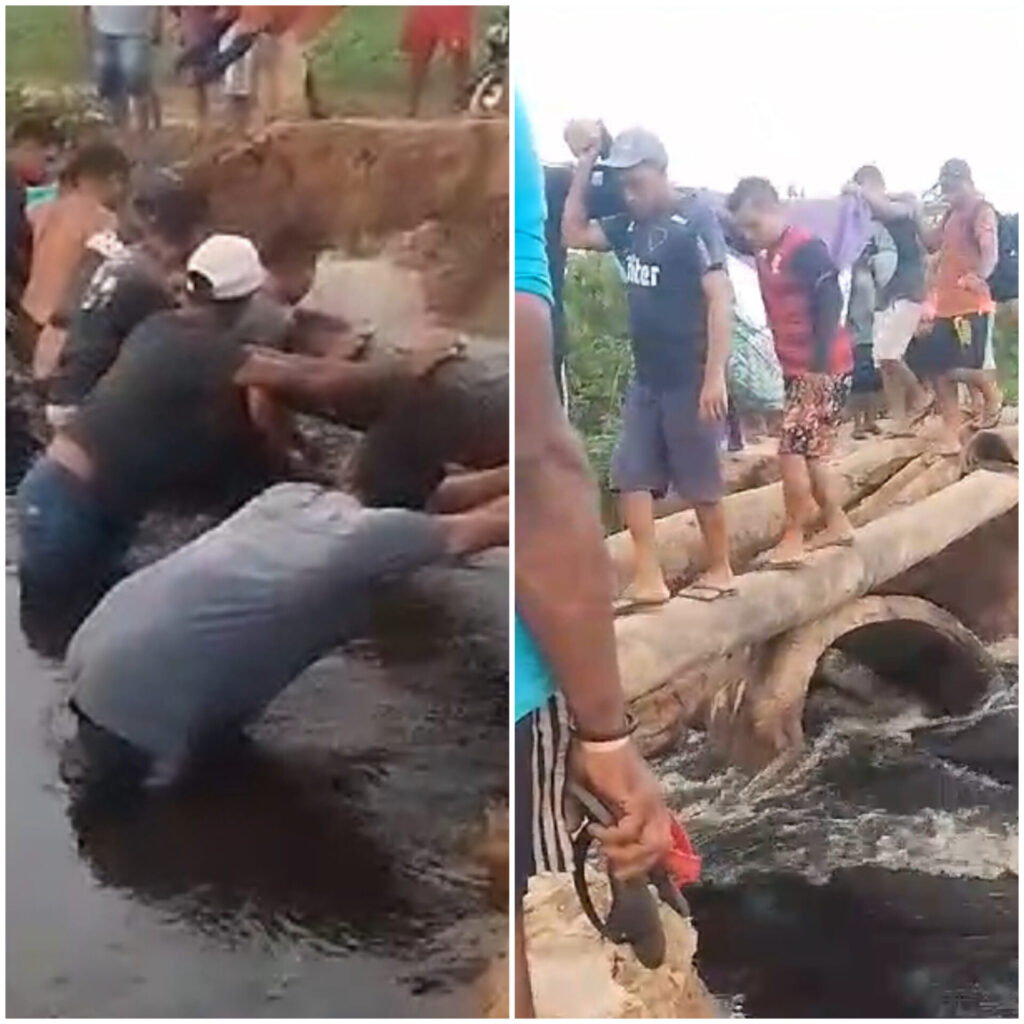 Doente é transportado em rede por ponte improvisada feita por moradores em Vitória do Mearim