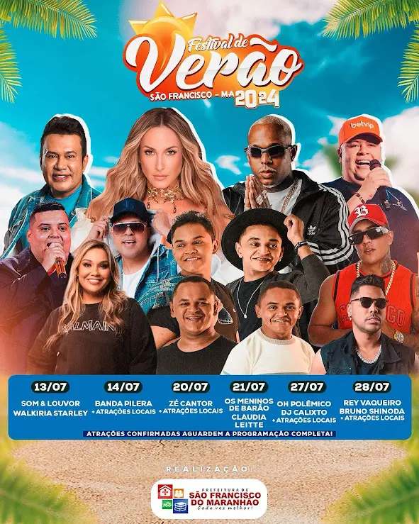 Zé Cantor, Claudia Leitte, Rey Vaqueiro, Som e Louvor estão entre as atrações do Festival de Verão 2024 em São Francisco do MA